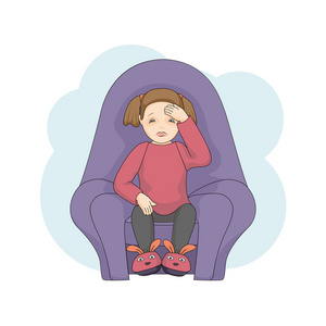 在白色背景下孤立的病态的小女性卡通人物手绘可爱滑稽的懒惰女孩在