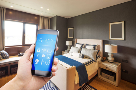 智能家居和现代卧室智能手机图片