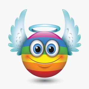 天使的笑脸可爱的天使表情与翅膀, emoji 表情, 笑脸矢量插图照片