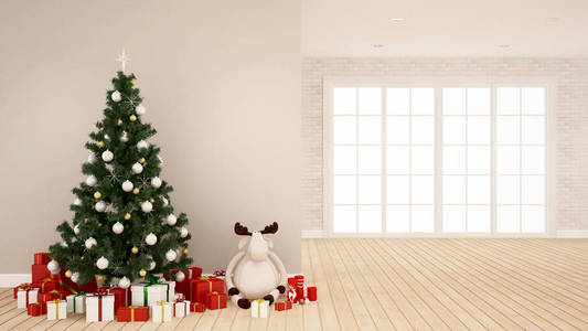 圣诞圣诞树与驯鹿娃娃和礼品盒在空房间圣诞日的艺术品3d 渲染