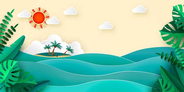 海岛棕榈热带叶子 papercut 样式的太阳云彩。广告横幅推广旅游服务矢量插画