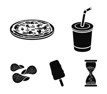 可乐，比萨，冰淇淋，芯片。快餐中的黑色风格矢量符号股票图 web 设置集合图标