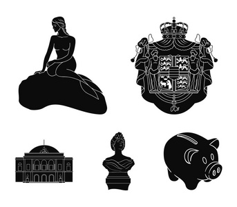 国家符号绘图和其他黑色样式的 web 图标。丹麦, 属性, 样式, 图标集合收藏