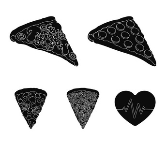 有不同配料的披萨片。不同的比萨集合图标在黑色风格矢量符号股票插图网站