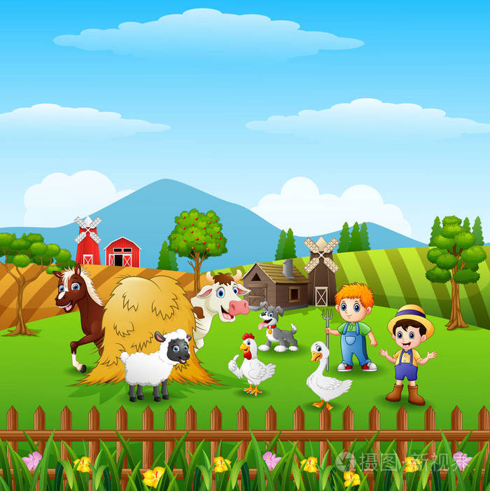 卡通小农户与农场动物的矢量插画