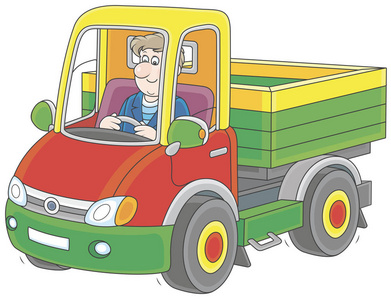 微笑的人驾驶他的小卡车, 矢量例证在卡通样式照片