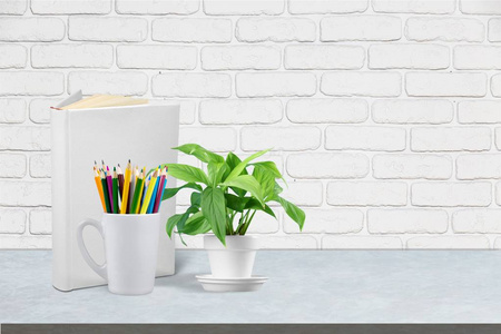 彩色铅笔在锡, 书和绿色植物在背景上