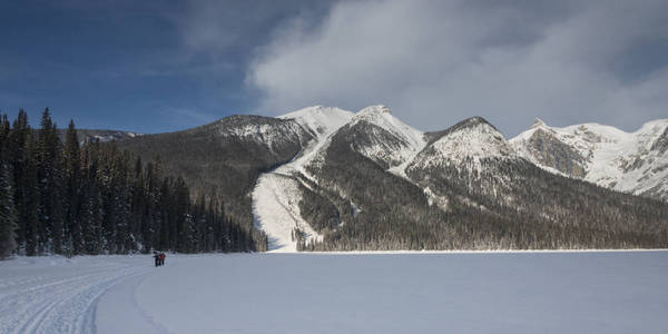 游客滑雪在雪覆盖的山谷, 翡翠湖, 田野, 不列颠哥伦比亚省, 加拿大