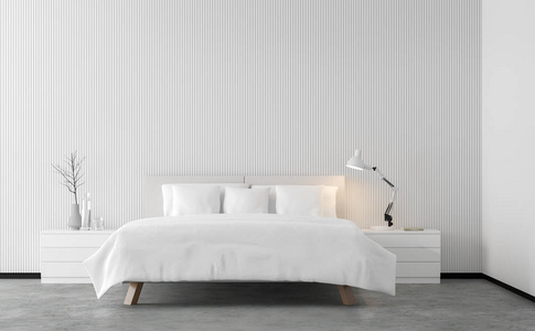最小样式卧室3d 渲染图像。有混凝土地板, 装饰墙壁与白色木格子和完成与白色家具
