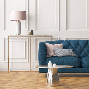 客厅现代室内带深蓝色沙发和白色墙壁。趋势颜色。3d