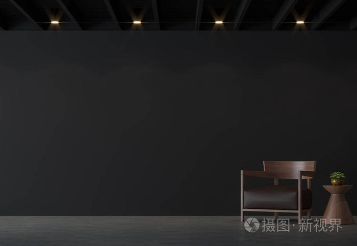 现代阁楼客厅与黑墙3d 渲染图像.