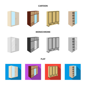 衣柜里有镜子, 衣柜, 搁着夹层。卧室家具集合图标在卡通, 平, 单色风格矢量符号股票插画网站