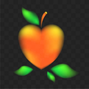 有绿叶的金色苹果。一颗容光焕发的心。的心脏