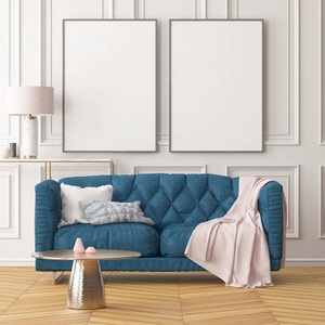客厅现代内饰, 白色墙壁上的空白框, 蓝色沙发和桌子。趋势颜色。3d