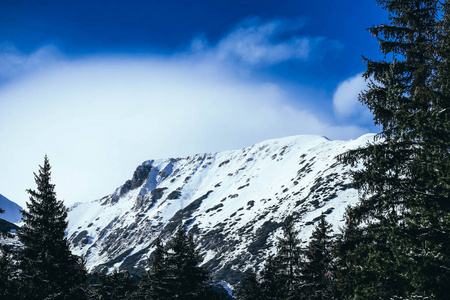 高山雪山, 美丽的自然冬日背景。冰顶 o