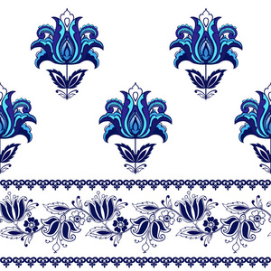 无缝模式与幻想花卉与装饰的边界。蓝色的自然壁纸。织物纺织包装纸用装饰装饰品