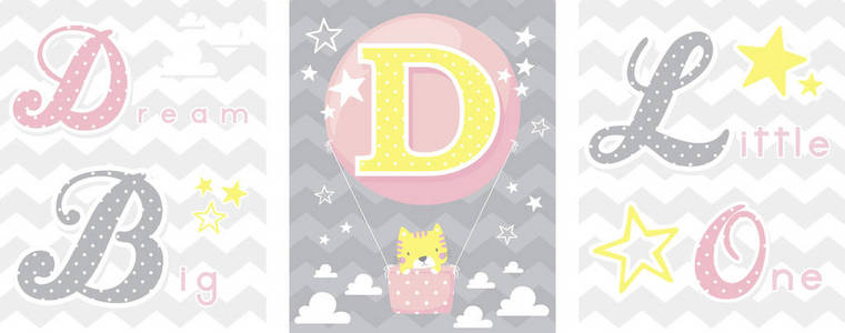 海报集梦想大小一个口号与婴儿猫和气球与初始 d. 可用于苗圃艺术装饰, 新生儿婴儿装饰和婴儿送礼会