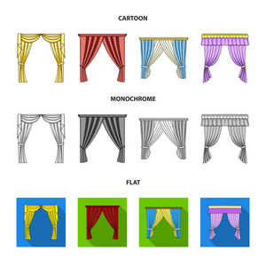 不同类型的窗帘。窗帘集合图标在卡通, 平, 单色风格矢量符号股票插画网站