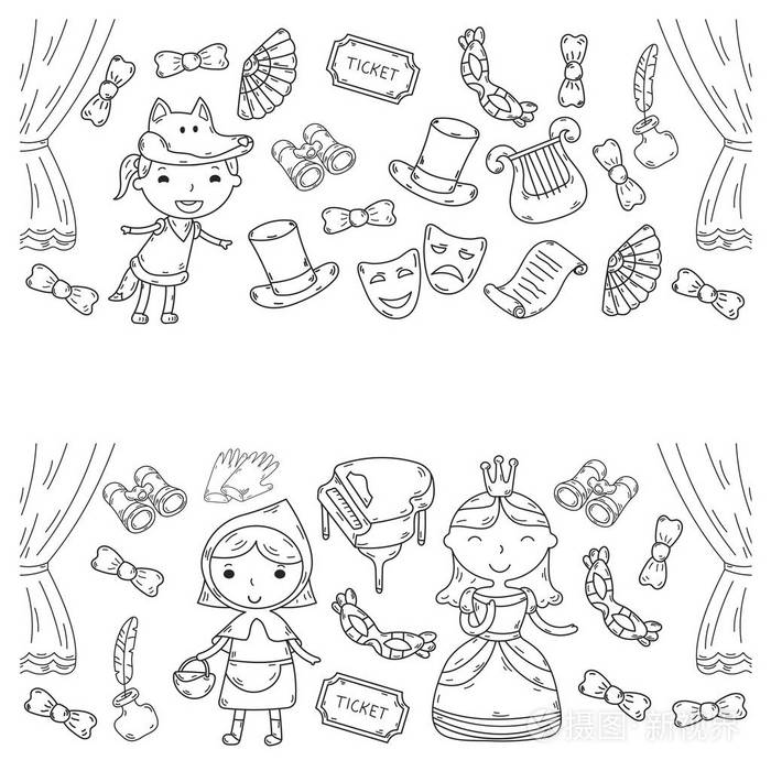 儿童剧场演出.幼稚园音乐剧.学校的孩子们玩.舞台, 娱乐, 电影院.