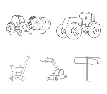 拖拉机, 干草平衡器和其他农业设备。农业机械集合图标轮廓样式矢量符号股票插画网