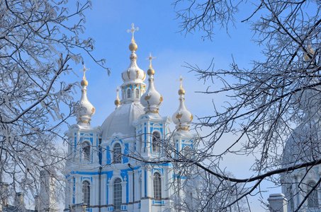 俄罗斯, 圣彼得堡。斯莫尔尼宫大教堂在冬天天。在下雪, 雪花在天空中