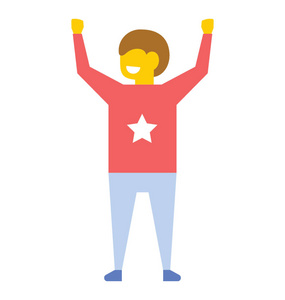 一个快乐的幼儿园在休闲礼服举起双手向上, 平面矢量图标照片