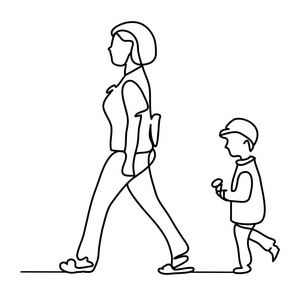 母亲和孩子的连续画线.矢量单色, 按行绘制.家庭观念.公园里的人.