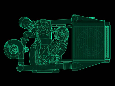 涡轮增压四缸, 高性能发动机的跑车。绿色霓虹灯发光图在黑色背景。3d 渲染