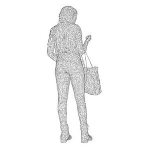 一个女人拿着一个包在她弯曲的手上。白色背景上黑色三角形网格的矢量图示