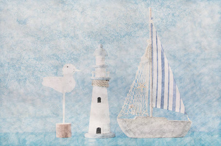 船和灯塔的抽象背景。彩色铅笔素描画风格