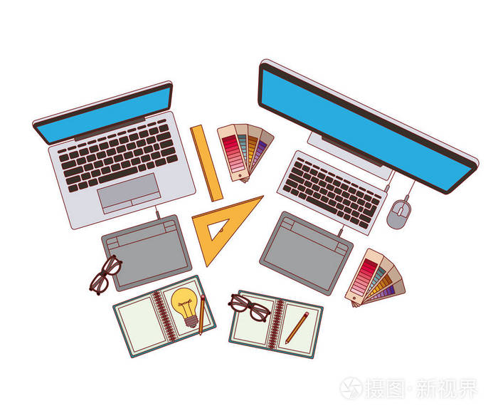 将计算机和笔记本电脑与元素的图形设计放在白色背景上