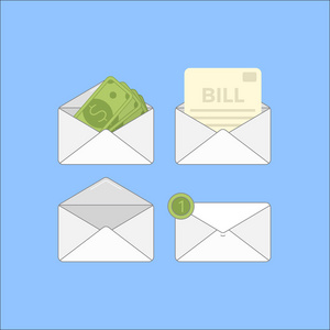 信封上的钱和账单。平板4财务邮件图标