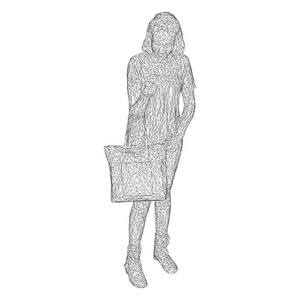 一个女人拿着一个包在她弯曲的手上。白色背景上黑色三角形网格的矢量图示