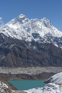 珠穆朗玛峰山顶, 洛子峰和 Gokyo 从 Renjo 通过。在喜马拉雅和尼泊尔徒步旅行