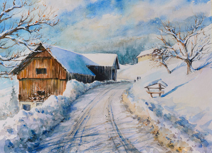 水彩 oryginal 画冬山景观与农家雪覆盖插画
