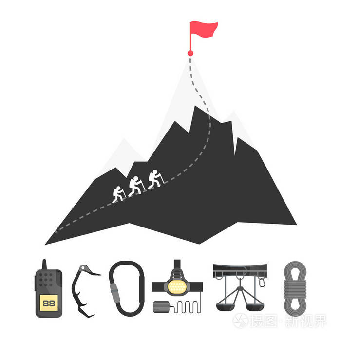 攀登设备登山者攀登的山矢量插图