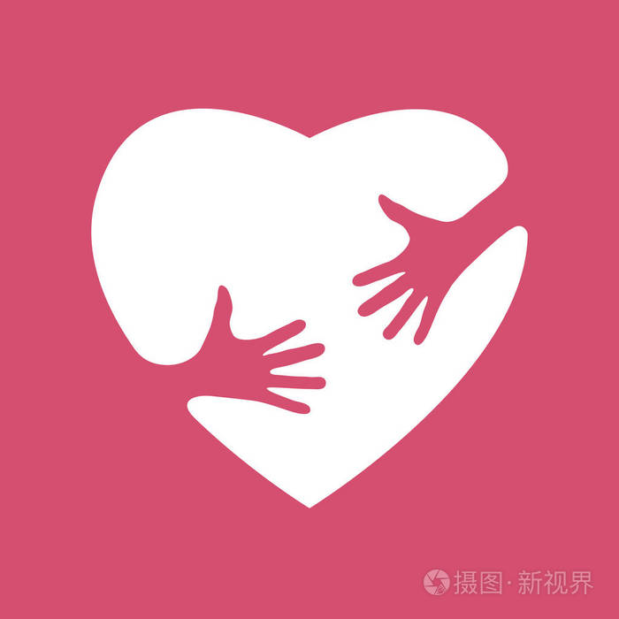 心的线性剪影与手, 拥抱心脏, 爱和关心的概念, 愉快的情人节