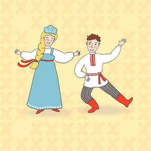 白俄罗斯婚礼俄罗斯舞蹈情侣在民族服装中的矢量例证照片