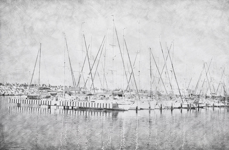 船码头的抽象背景。铅笔素描排