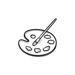 画笔和调色板线图标画笔和画板木制调色板与颜料和画笔颜料和画笔图标