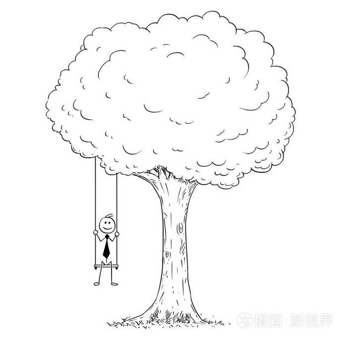 坐在树上的秋千上的商人卡通插画-正版商用图片045vll-摄图新视界