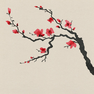 樱花树的日本风格。水彩手绘插画