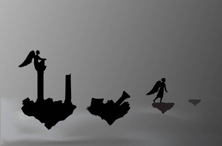 口号两个天使在飞翔的岩石上, 城市在天堂的废墟上, 文明的衰落照片