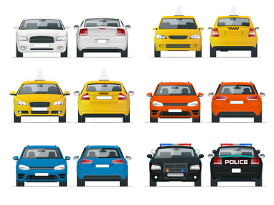 一套不同类型的汽车。黄色出租汽车警察和轿厢被隔绝在白色背景向量例证平。前后视图