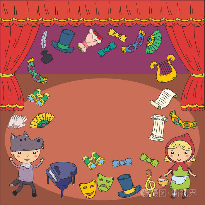 儿童剧场演出.幼稚园音乐剧.学校的孩子们玩.舞台, 娱乐, 电影院.