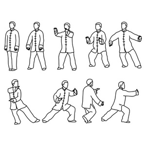 太极的九种形式。男士穿中国传统布料矢量插图素描手画线条, 在白色背景下隔离