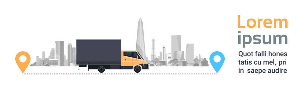 货车越过剪影城市背景在路线。运输和送货服务概念水平横幅