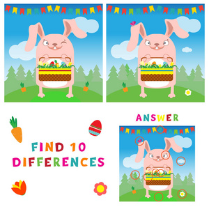 找到十差异插图复活节兔子与鸡蛋。矢量多彩的儿童教育游戏