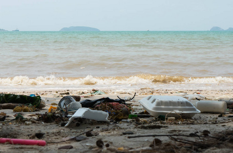 海滩上的垃圾污染了废物。