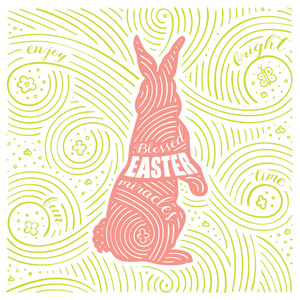 弹簧卡。字母祝福的复活节奇迹。复活节设计与兔子。手写漩涡图案